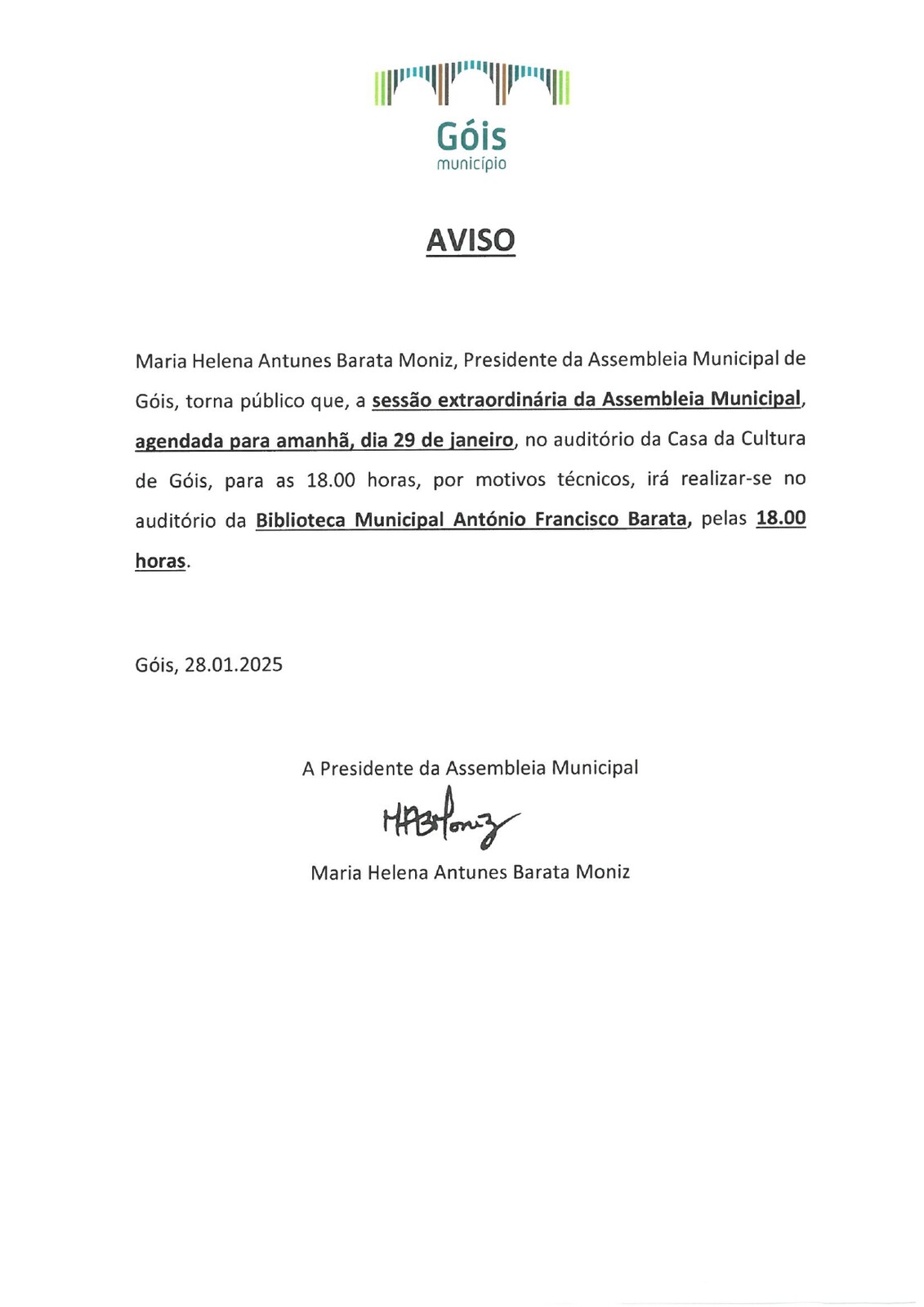 Aviso - Alteração do local da sessão extraordinária da Assembleia Municipal