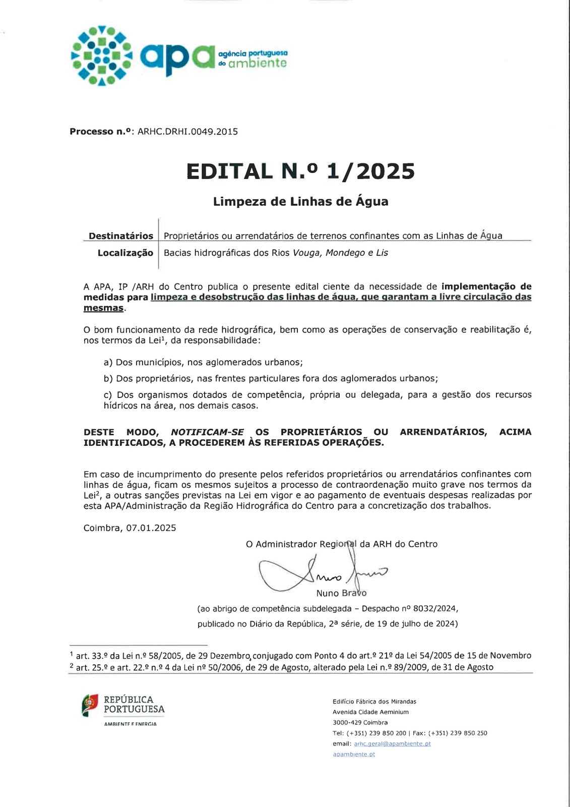 Aviso APA/ARG Centro - Limpeza de Linhas de Água