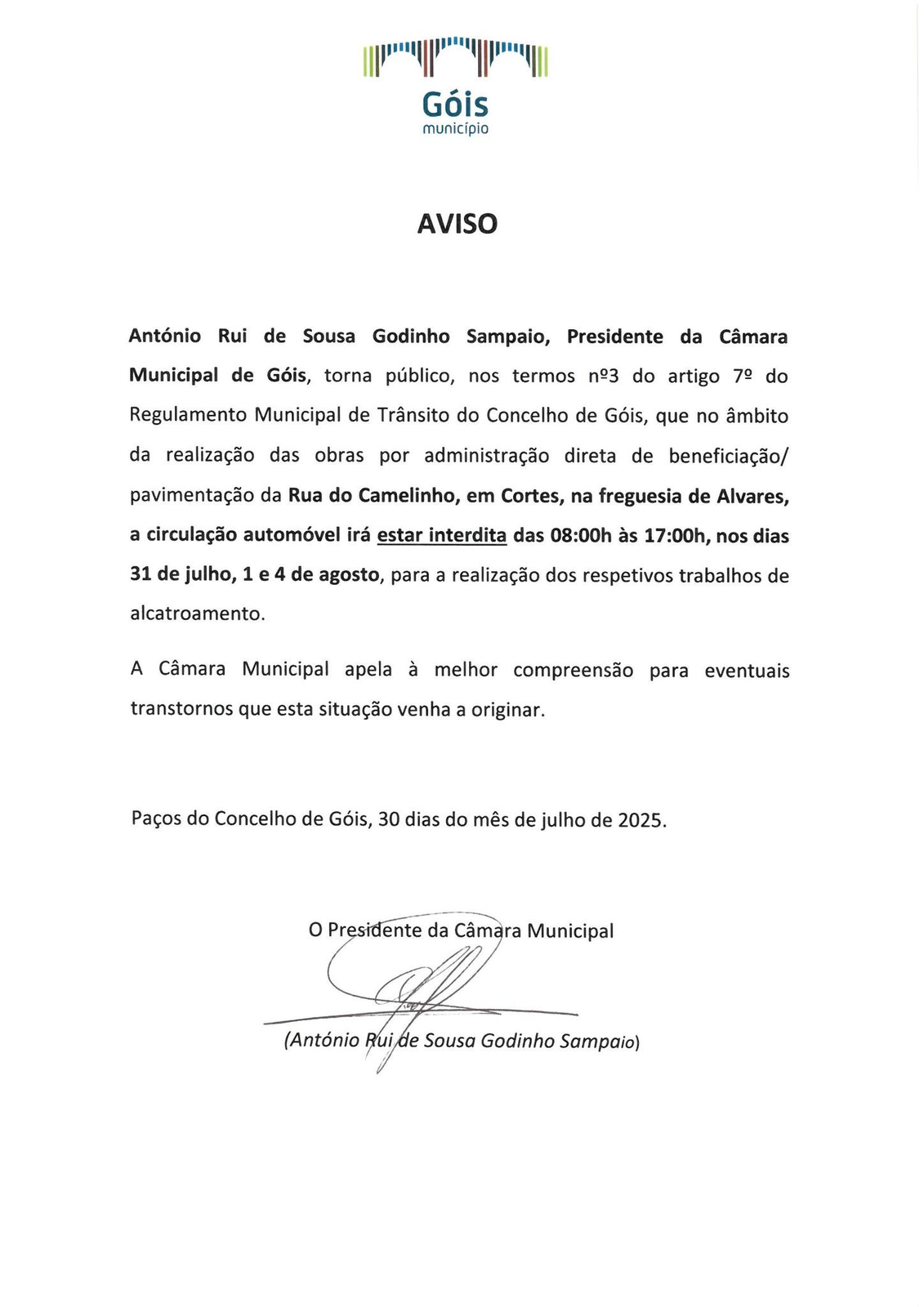 Aviso: Interdição de Circulação Automóvel - Cortes (freguesia de Alvares)